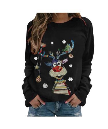 Christmas sweater women funny reindeer snowman Christmas motif sweatshirt Christmas shirt cotton cotton long-sleeved shirt christmas sweater top top casual xmas sweater Christmas clothes l black