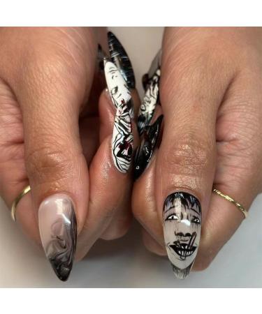 24 Pcs Medium Stiletto Almond Press on Nails - Black & White Punk Design Glue on Acrylic Full Cover - Gothic Anime Cartoon False Nails for Women & Girls - Buy Online on GoSupps.com