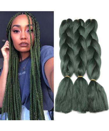 Original Jumbo Braids Hair Extension Pure Solid Dark Green Color 3pcs 24inch 100g/pc For Twist Box Braiding Hair (dark green)