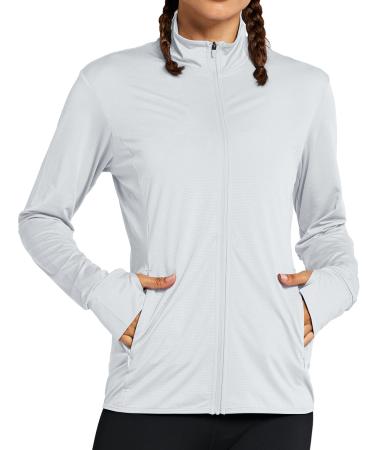 ZUTY Women's Long Sleeve Shirts UPF 50+ Sun Protection Full Zip Jacket UV Lightweight Hiking Outdoor Golf Zipper Pockets 01-light Grey-full Zip X-Large