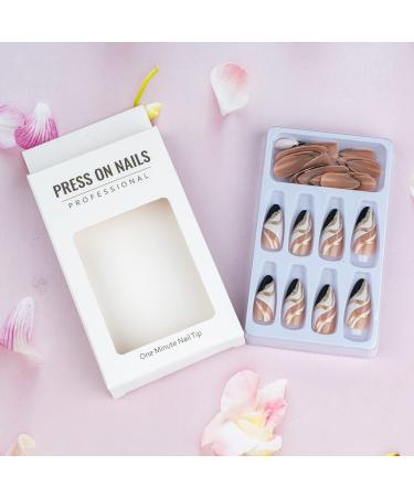 Almond Gold Striped French Tip Press On Nails 24 Pcs | Full Cover Black + White Acrylic Stick On False Nails for Women - Buy Online on GoSupps.com