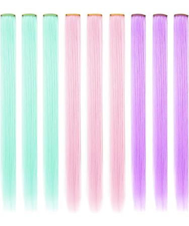 KARLOR Coloured Hair Extensions 9 Pieces Light Purple & Mint Blue & Light Pink Hairpiece Dyed Hair Strands Colourful Straight Hairpiece Clip in Hair Extensions Party Costumes Fancy Dress Cosplay - Buy Online on GoSupps.com