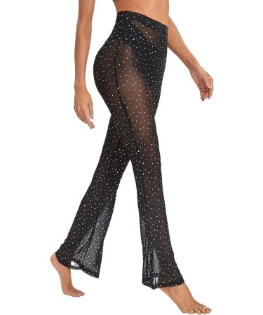 Verdusa Women's Rhinestone Mesh Rave Pants - High Waist Flared Bell Dance Bottom in Black - Size Large - Buy Online on GoSupps.com
