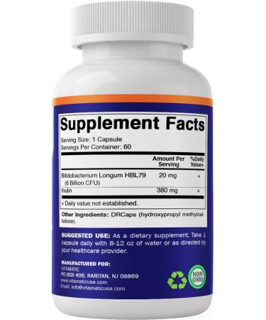 Vitamatic Bifidobacterium Longum 6 Billion CFU per DR Capsule - 60 Count - Promotes Intestinal Health - Made with Prebiotic Inulin Fiber 60 Count (Pack of 1) - Buy Online on GoSupps.com