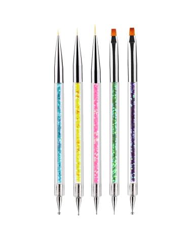 LANDOT 5Pcs Doubel Ended Nail Art Brushes - Nail Dotting Pen Liner Brush - Manicure Point Drill Drawing Painting Tools Set for DIY Nail Art Designs Nail art pen brushes