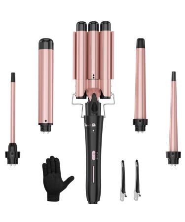 Curling Wand Set  Curling Iron Interchangeable 3 Barrel Wand Curler with Ceramic Tourmaline Curling Iron Professional 5 in 1 Wand Curling Iron for Women with Curler and Waver Pink