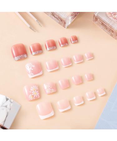 Nuorest 138pcs Short Square Flower Press On Toe Nails - Pink Full Cover Acrylic Toenails for Women & Girls - Buy Online on GoSupps.com