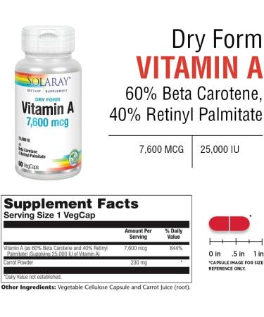 Solaray Dry Form Vitamin A 7600 mcg - 60 VegCaps for Healthy Vision & Immune Support - Buy Online on GoSupps.com