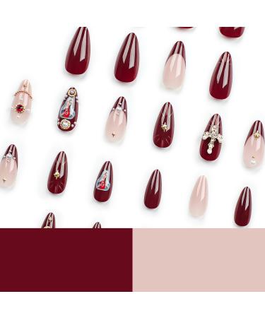 Shop Medium Press on Nails - Almond Acrylic Nails with Gold Burgundy French Tips & 3D Charms - Perfect Glue on Nails for Women - Buy Online on GoSupps.com