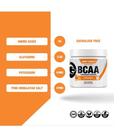 Honey Badger BCAA Amino Acids Powder - Peach Mango Flavor | Vegan Keto BCAAs + EAA for Men & Women | Electrolytes for Hydration & Recovery | Sugar Free & Paleo - 30 Servings - Buy Online on GoSupps.com