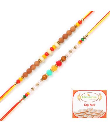 Ghasitaram Gifts Rakhi for Brother Rakhis Online - Set of 2 6045 6082 Rakhi Threads with 200 GMS of Kaju katli