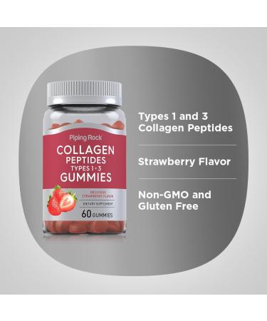 Piping Rock Collagen Gummies | 60 Count | Collagen Peptides Type 1 and 3 | Strawberry Flavor | Bovine Supplement | Non-GMO Gluten Free - Buy Online on GoSupps.com