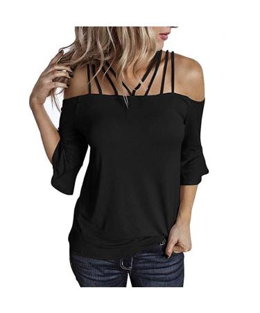 Sexy Tops for Women Cold Shoulder Hanging Neck Top Basic Solid Tees Fit Slim-Looking Shirts Summer Party Ball Blouses Large 02black