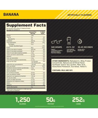 Optimum Nutrition Serious Mass Banana Flavour Protein Powder - High Calorie Weight Gainer with 25 Vitamins and Minerals, Creatine, and Glutamine - 8 Servings (2.73 kg) - Buy Online on GoSupps.com