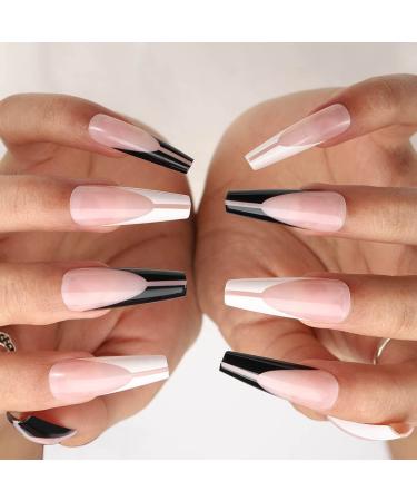 24 Pieces Glossy Black & White Ballerina Press-On Nails | Full Cover Nail Tips for Women & Girls | Nail Art Decoration - Buy Online on GoSupps.com