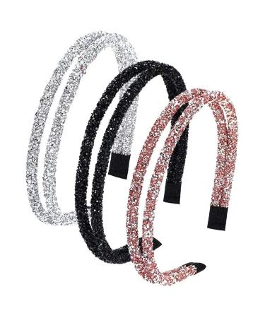 Strass hair band double crystal side hair band two -row rhinestones hair tires women headbands cute knots hair accessories for women and girls (silver black and champagne color)