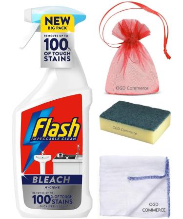 Flash with Bleach Multi Purpose Cleaning Spray 800ml Eucalyptus Scent + for You: Cleaning Cloth + Scourer sponge + Organza Small Bag