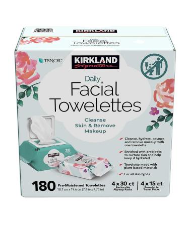 Kirkland Daily Facial Towelettes 180 CT | 180 Pre-Moistened Towelettes | Hypoallergenic | Alcohol-Free | 4 x 30ct Reclosable Flip-top Packs | 4 x 15ct Resealable Travel Packs