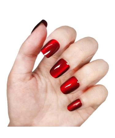 Cat Eye Short Squoval Nails - Shimmery Ruby Red Press-On False Nails | 24 Reusable Fake Nails with Adhesive Tabs - International Shipping Available - Buy Online on GoSupps.com