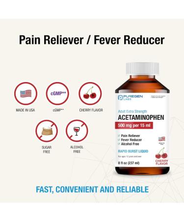 Puregen Labs Extra Strength Acetaminophen Liquid 500mg - Rapid Pain Reliever & Fever Reducer | Cherry Flavor | 8 fl oz | Muscle & Joint Relief Arthritis Pain - Buy Online on GoSupps.com