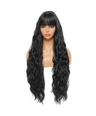 Sylhair 75 cm Black Water Wave Wig for Women | Long Wavy Synthetic Wig with Bangs | Super Long 1B Black Wig - Buy Online on GoSupps.com