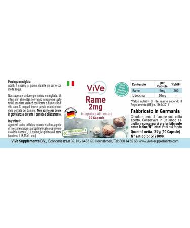 Copper 2 mg - 90 Vegan Capsules | Copper Bisglycinate - Essential Trace Element | Quality from Germany - ViVe Supplements - Buy Online on GoSupps.com