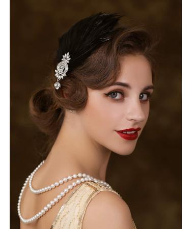 1920s Feather Flapper Headband | Roaring 20s Gatsby Hair Clip - Black - Buy Online on GoSupps.com
