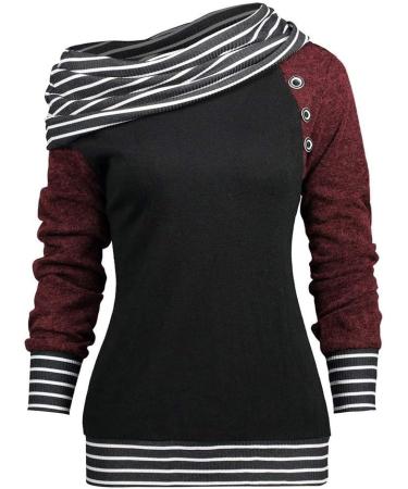 Bigfanshu Women's Hoodies Skew Neck Long Sleeve Stripe Pullover Buttons Harajuku Sweatshirt Female Autumn Jumper Casual Red - Buy Online on GoSupps.com