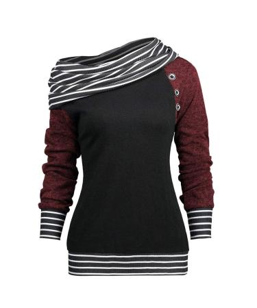 Bigfanshu Women's Hoodies Skew Neck Long Sleeve Stripe Pullover Buttons Harajuku Sweatshirt Female Autumn Jumper Casual Red