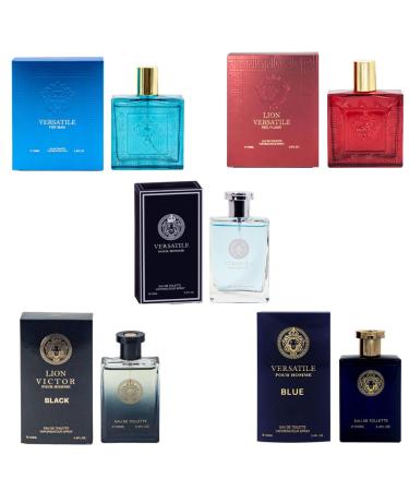 Lion Versatile Cologne for Men (3.4oz/100ml x 5pcs) Impression of Eros Red Flame Dylan Blue Pour Homme & Oud Noir Edt (Pack of 5)