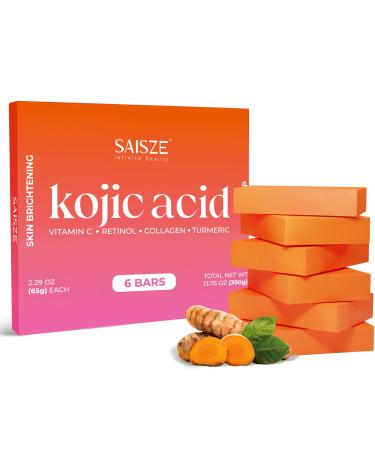 SAISZE Kojic Acid Soap Turmeric Soap Bar Fresh Citurs Scent Gentle for face and body with Vitamin C Shea Butter Olive Oil Collagen (6 PACK) 1 count (Pack of 6)