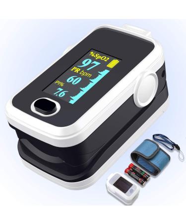 Pulse oximeter fingertip with Plethysmograph and Perfusion Index, Portable Blood Oxygen Saturation Monitor for Heart Rate and SpO2 Level, O2 Monitor Finger for Oxygen,Pulse Ox,Oximetro, (Black-White)