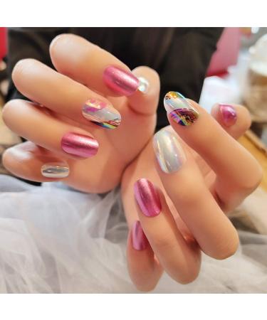 Sethexy medium oval false fingernails glossy pink sparkle 24 pc complete cover acrylic. Press false nail tips to women and girls