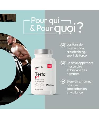 TESTO HT | Maca + Tribulus + Ashwagandha + Zinc | High Dosage for Maximum Efficiency | Natural Testosterone Booster | Power and Endurance for Men | 90 Capsules | Made in France | Eiyolab - Buy Online on GoSupps.com