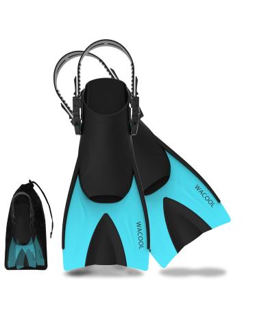 WACOOL Adult Short Light Adjustable Travel Size Fins Short Blade Fins Flippers for Snorkeling Diving Scuba Swimming Training S/M(Adult US Men 4.5-8.5 US Women 5.5-9.5) LakeBlue