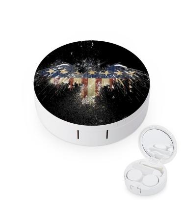 Bagea-Ka American Flag USA Bald Eagle Pattern Contact Lens Case Box Eye Care Kit Holder Mirror Box with Tweezers Remover Tool Solution Bottle for Outdoor Travel & Home