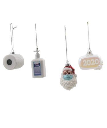 Holiday Ornament Survival Kit 2020 Glass Santa Sanitizer Toilet Paper - Four Ornaments 3.0 Inches - Go8127 - Multicolored