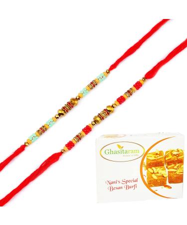 Ghasitaram Gifts Rakhi for Brother Rakhis Online - Set of 2-6507 Rakhis with 200 GMS of Besan Barfi Rakhi Set with 200 gms of Besan Barfi