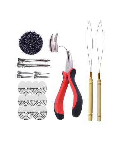 Hair Extensions Kit: I-tip Hair Pliers Pulling Needle Loop Threader and 500 Pieces 2.5mm Hair Extension Nano Beads Rings (Black)