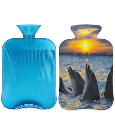 Dolphin heat bottle with a fluffy cover 2 l large capacity sunset dolphin bottle water bag for cozy nights relief of pain back neck and shoulders