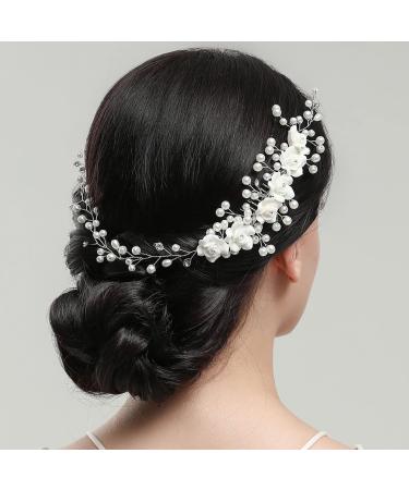 JUSTUSNX Bride Wedding Hair Pieces Pearl Hair Vines Silver Crystal Headpiece Flower Headband for Women and Girls Hair Styling Accessories