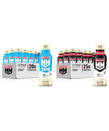Muscle Milk Zero Protein Shake Vanilla Cr me 20g Protein Zero Sugar 100 Calories (Pack of 12) & Genuine Protein Shake Vanilla Creme 11.16 Fl Oz Bottle 12 Pack 25g Protein
