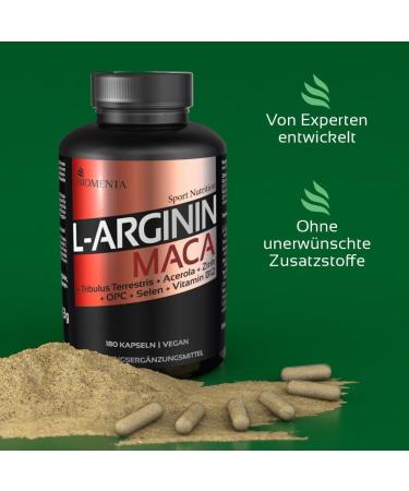 Biomenta L-Arginine + Maca Capsules - 180 Vegan Supplements with Tribulus Terrestris Acerola OPC Zinc Selenium & Vitamin B12 - Premium Quality for Optimal Health - Buy Online on GoSupps.com
