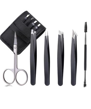 Tweezers Set Tweezers for Eyelashes Stainless Steel Plucking Precision Tweezers Set for Ingrown Hair Remove and Lash Extension Plucking Tweezers with Leather Case for Gifts (6-Piece)