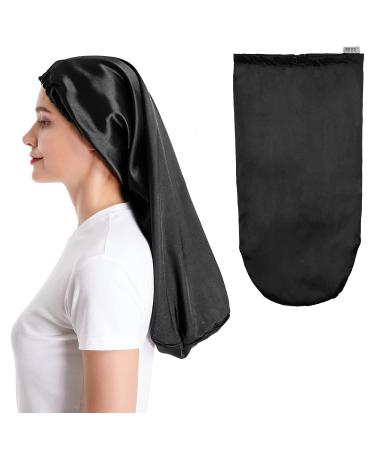 Kite kiss Long Silk Bonnet Sleep Cap Satin Hair Bonnet Adjustable Hair Cap Black