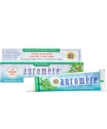 Auromere Ayurvedic Herbal Toothpaste  Fresh Mint - Vegan  Natural  Non GMO  Fluoride Free  Gluten Free  with Neem & Peelu (4.16 oz)  1 Pack
