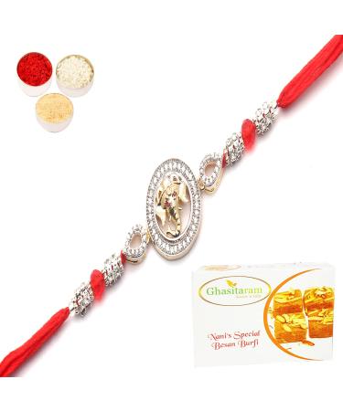 Ghasitaram Gifts Rakhi for Brother Rakhis Online - The Diamond Enchantess of Ganesha Blessings Rakhi with 200 GMS of Besan Barfi