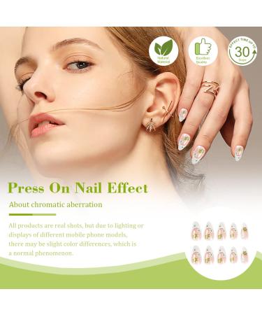 24PCS Medium Almond Glossy Flower Press On Nails - Green & White Spring Nail Decoration - Fake Nails with Glue - Women's Manicure - Buy Online on GoSupps.com