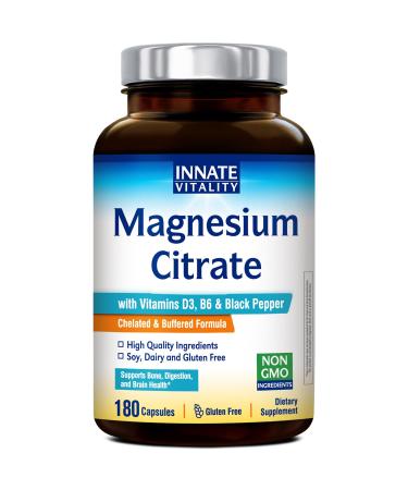 Innate Vitality Magnesium Citrate Chelated Magnesium Supplement w/Vitamin D3 B6 Black Pepper Extract Enhanced Absorption Digestion Bone & Brain Support 180 Capsules No Gluten