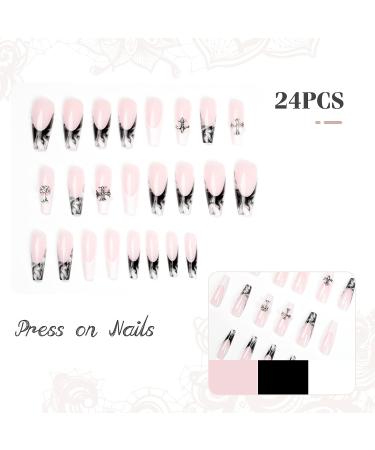 Kikmoya Extra Long Black Fake Nails Coffin White Press on Nails French Tips with Cross Design - Pink Cross | 24pcs Glossy False Nails for Women and Girls - Buy Online on GoSupps.com